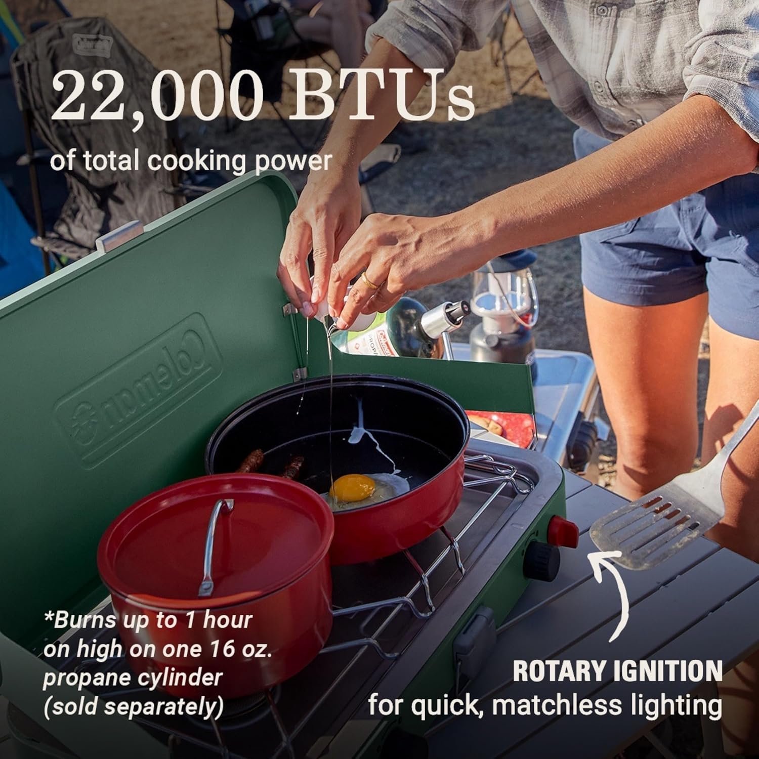 Coleman Cascade 222 2-Burner Camping Stove, Portable Cooktop with 22,000 BTUs, Matchless Lighting, & Dual Wind Guards, Great for Outdoor Cooking, Camping, Tailgating, Grilling, BBQs, & More - Image 2