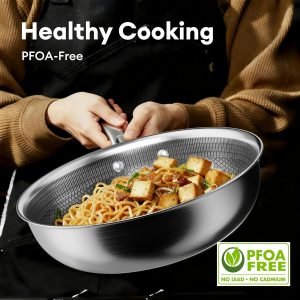 COOKER KING 10-Inch Wok with Lid, Hybird Nonstick Wok Professional Grade, Stainless Steel ...