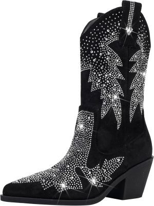 Women’s Sparkly Rhinestone Bling Cowgirl Suede Western Boots Shiny Pointed Toe Chunky Heel Glitter Ankle Booties