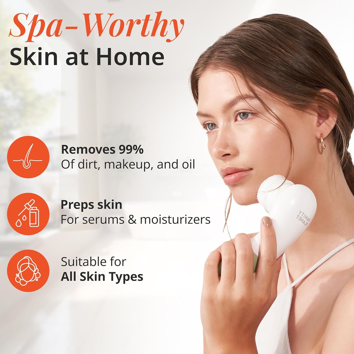 Raedia Handheld Facial Cleansing Brush with 4 Interchangeable Brush Heads by Vanity Planet - Lightweight Daily Cleansing Brush for Glowing Skin - Water Resistant Face Exfoliator - Warm Grey - Image 2