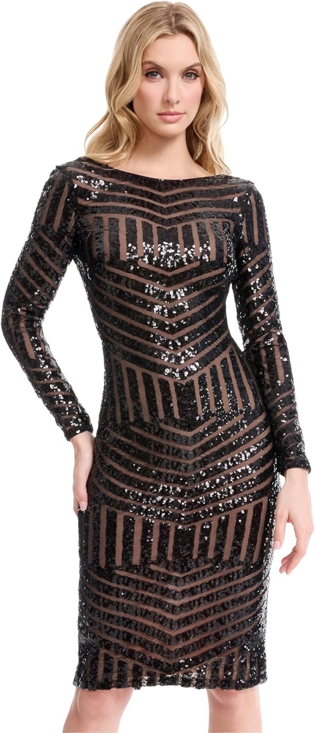 Dress the Population Womens Emery Long Sleeve Stretch Sequin Midi SheathDress - Image 5