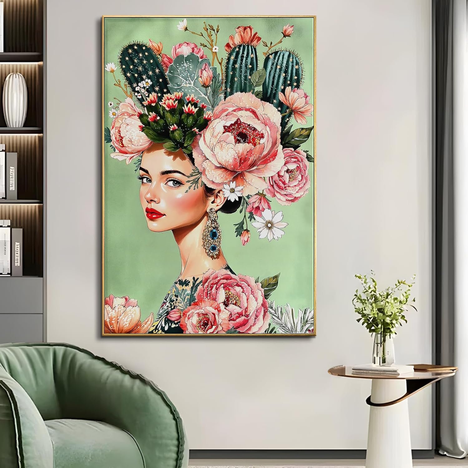 YPGEAME Large Handmade Portrait Wall Picture Woman with Cactus Headdress, Emerald Green Background, Floral Bohemian Decoration, Wooden Framed Painting for Living Room (80 × 120 cm) (Pink) - Image 6