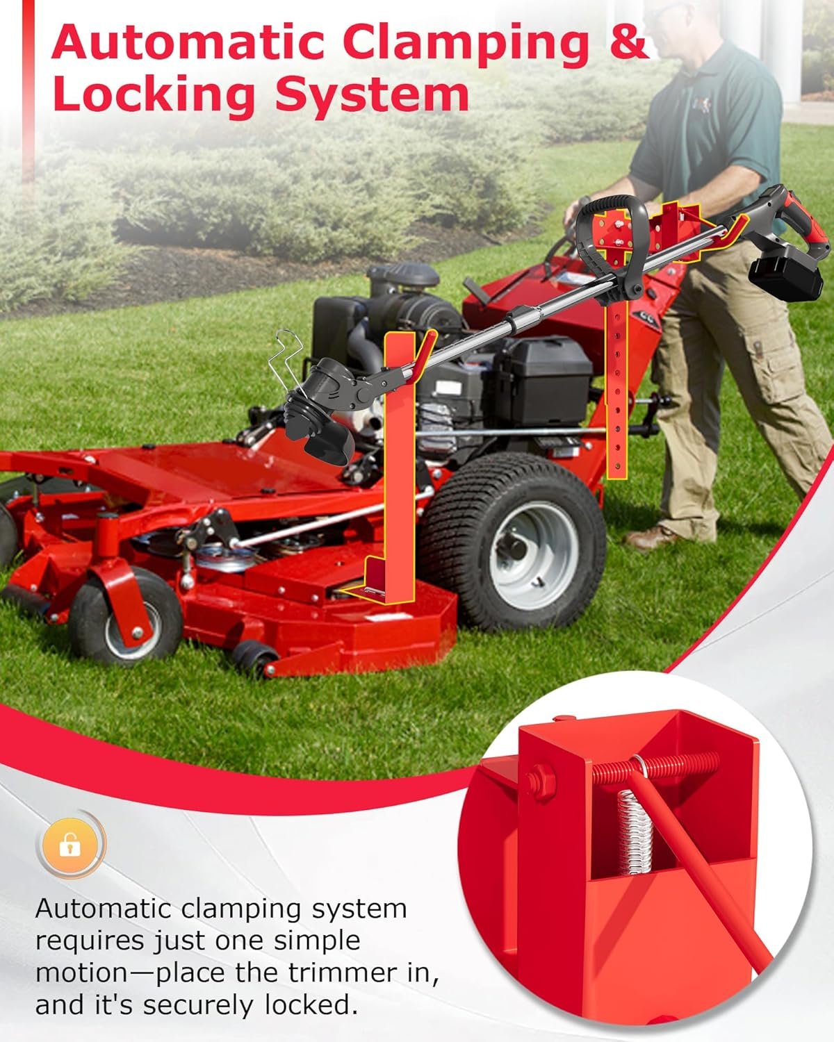 Zero Turn Mower Trimmer Holder, with Automatic Clamping and Locking System. Zero Turn Trimmer Rack Secures Trimmer to Lawn Mower Fit for Walk-Behind, Stand-On, and ZTR Mowers - Image 3