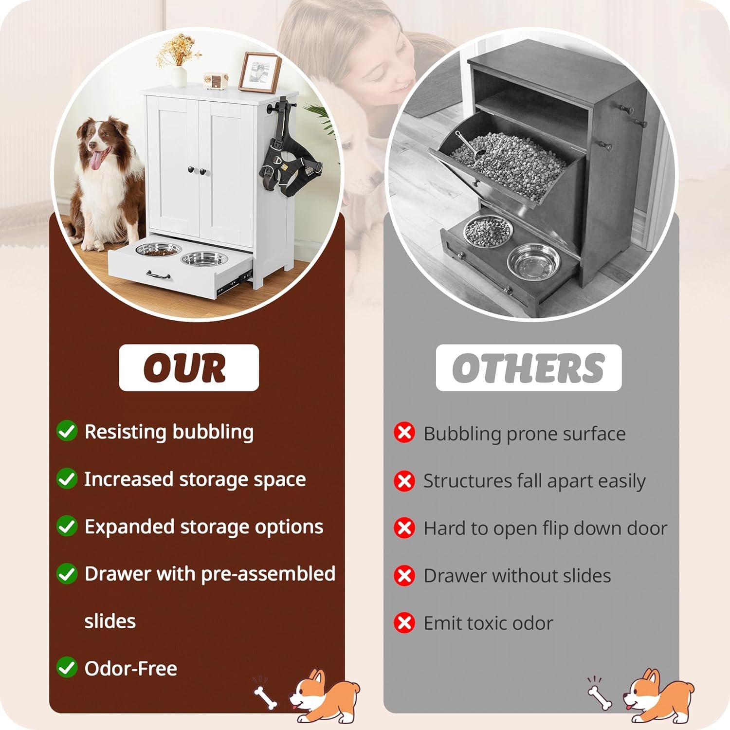 ALINE FURNITURE Dog Feeding Station with Storage Cabinet and 2 Elevated Dog Bowls, Hidden Pet Feeder Station Wood, Dog & Cat Storage Organizer, White - Image 4