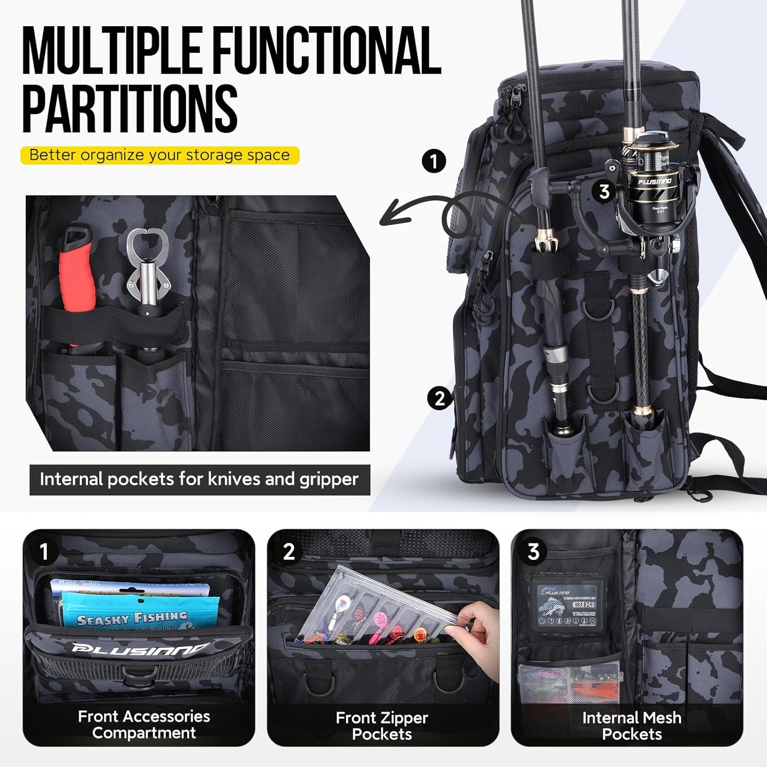 PLUSINNO Fishing Backpack with Rod Holders Tackle Box, 42L Large Water-resistant Fishing Tackle Bag Store Fishing Gear - Image 4