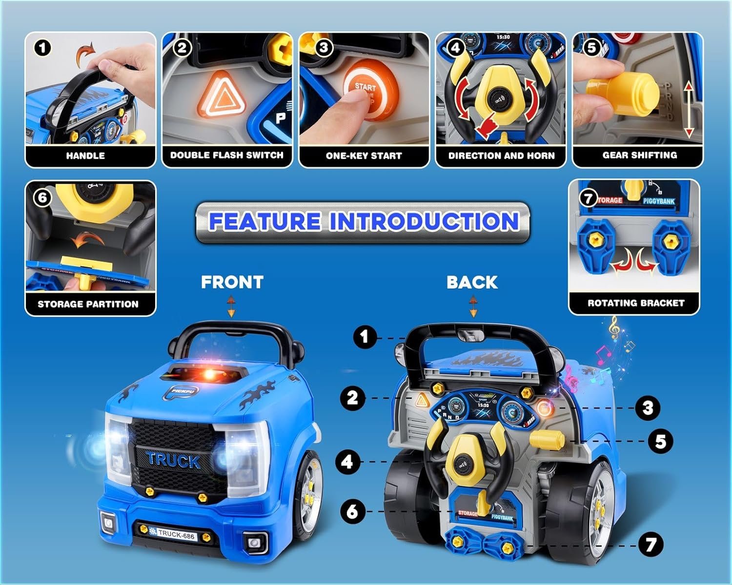 Interactive Truck Engine Toy, Mechanic & Car Toy Engine for Toddlers 3-5 with Lights & Sounds, Kids Engine Build Kit& Aspiring Young Mechanic Set| Car Toys Gift for Boys Blue - Image 5