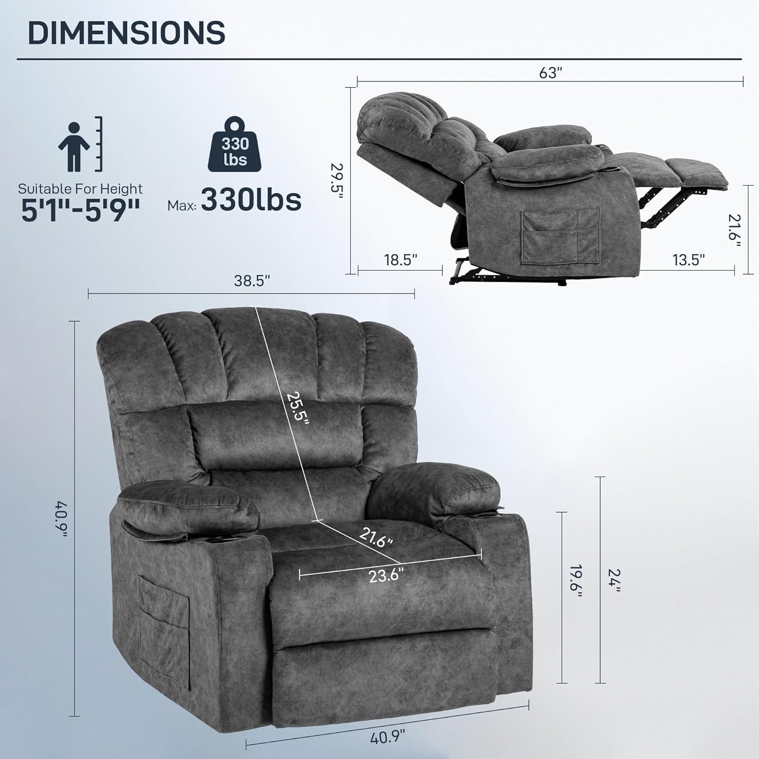 Recliner Chair Modern Ergonomic Lounge Single Sofa Seat Living Room Gravity Recliners Foam Filling 2 Cup Holders & Side Pocket - Image 2