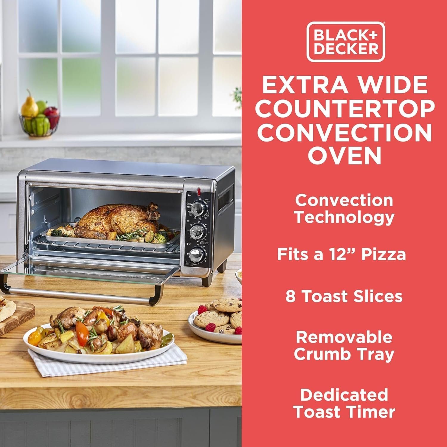 BLACK+DECKER 8-Slice Extra Wide Convection Toaster Oven, Fits 9"x13" Oven Pans and 12" Pizza, Bake, Toast, Broil, and Keep Warm Functions, Countertop Compact Design with Stainless Steel Finish - Image 10