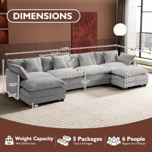 Ihanherry 146″ U-Shaped Modern Sofa Modular Sectional Cloud Couch with 2 Ottoman, 6-Seat Chenille Deep Seat Sofa with 6 Pillows for Living Room, Bedroom and Apartment, Grey