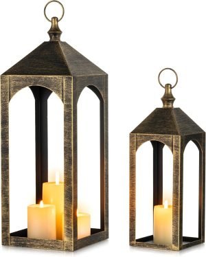 Large Outdoor Lanterns for Porch: 23″ & 17″ Set of 2 Floor Lantern Decorative Indoor Candle Holder for Front Porch Patio Fireplace Vintage Home Decor