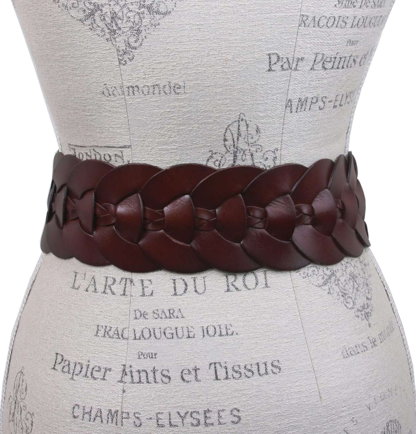 Ladies 3" (75 mm) Wide High Waist Round Disk Linked Braided Cowhide Top Full Grain Leather Belt - Image 3