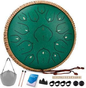 Steel Tongue Drum -15 Notes steel Drum – 14 Inch Tongue Drums Instrument, Hand Pan Drums with Music Book, Handpan Drum Mallets and Carry Bag, D Major Green
