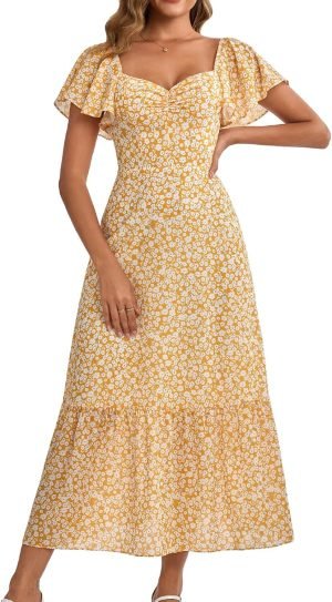 GLNEGE Women’s 2025 Summer Midi Floral Boho Dresses Casual Flowy Beach Short Sleeve ...