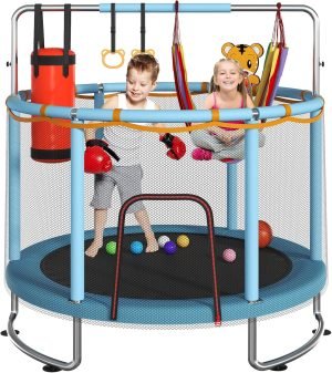 Trampoline for Kids, Upgrade Full Anti-Rust 440lbsToddler Trampoline with Net,Upgraded Ring Legs with Adjustable Gymnastics Bar&Toys, Gifts for Ages 1-8 Boys&Girls