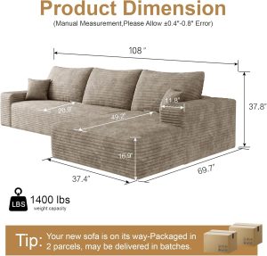 108″ Sectional Couches for Living Room Modern Modular Sofa with L-Shape Couchs Upholstered Boneless Couch Deep Seat Sectional Couch with Chaise (Camel, Right Facing Chaise+2Seaters)