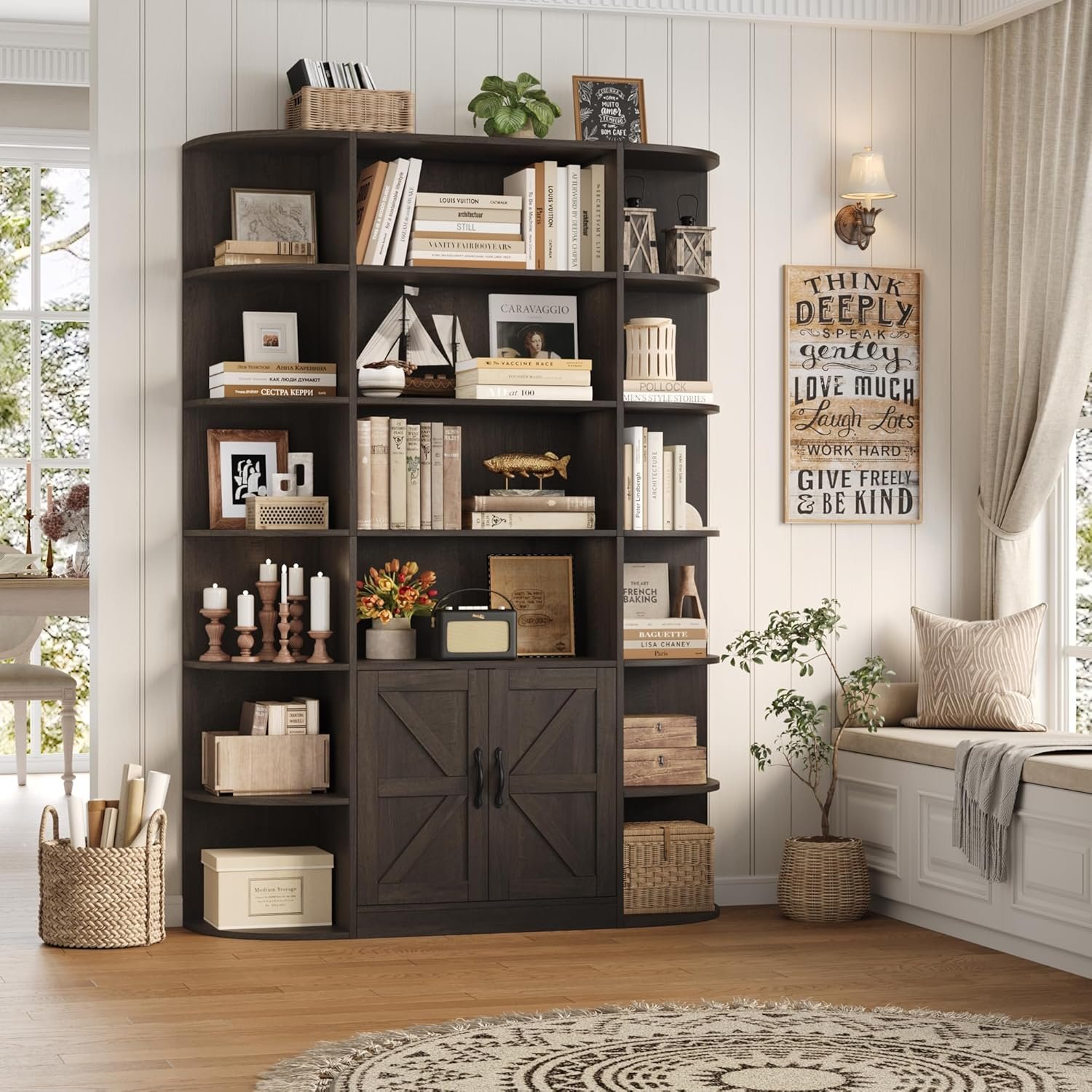 HOSTACK 75" Tall Book Shelf and Bookcase, 6 Tier Bookshelf with Storage, 47" Wide Bookcase with Doors, Freestanding Wood Display Shelves with Book Storage Cabinet for Home Office, Dark Brown - Image 2
