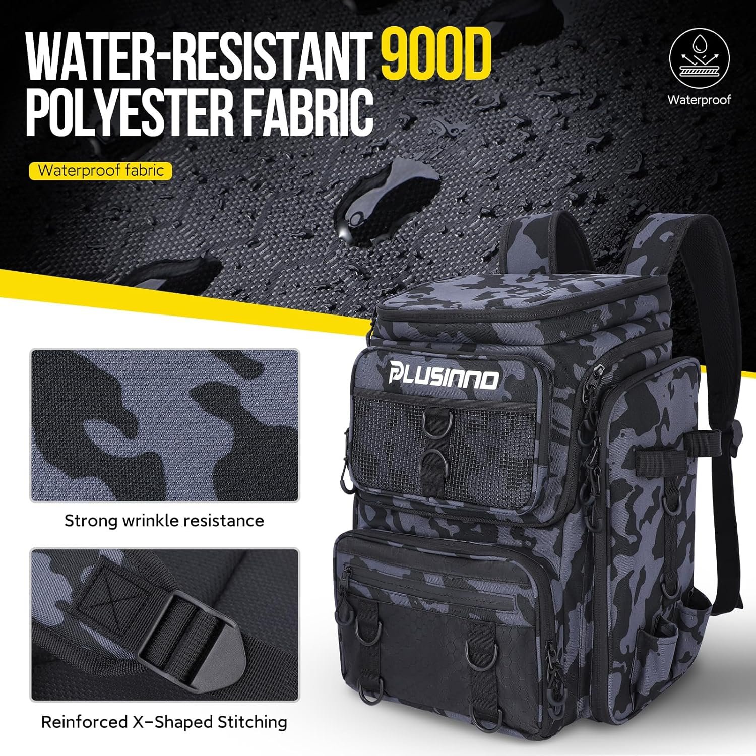 PLUSINNO Fishing Backpack with Rod Holders Tackle Box, 42L Large Water-resistant Fishing Tackle Bag Store Fishing Gear - Image 7