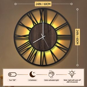 LEIKE Large LED Wall Clocks,Silent,Non Ticking,Battery Operated Rustic Round Modern Big Wood Wall Clock for Living Room, Bedroom,Kitchen,Farmhouse,Office,Home Decor -24″ Black,LED,Roman Number