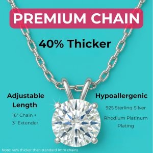 Moissanite Necklace for Women – Moissanite Pendant for Women, Solitaire Necklace, Lab Created, Sterling Silver, Heart Shaped Back, Round, 1-3 Carat