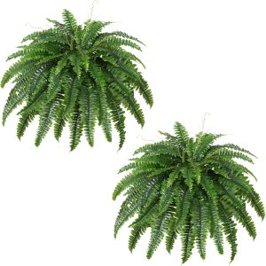 Artificial Boston Fern Bush- Set of 2 Large Artificial Ferns for Outdoors, 45Inch Large Fa...