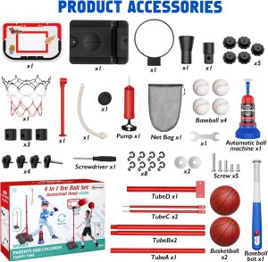 4 in 1 Kids Basketball Hoop and T-Ball Set – Adjustable Hanging T-Ball Stand with Automatic Pitching Machine, Indoor Outdoor Sports Toys, Christmas Birthday Gifts for Boys Girls Ages 3-8