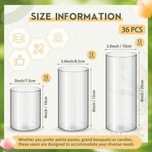 Nuogo 36 Pcs Plastic Cylinder Vases Tall Clear Flower Vases for Centerpieces Hurricane Candle Holder for Home Wedding Office Party Formal Dinners Decorations (4”/6”/8”)