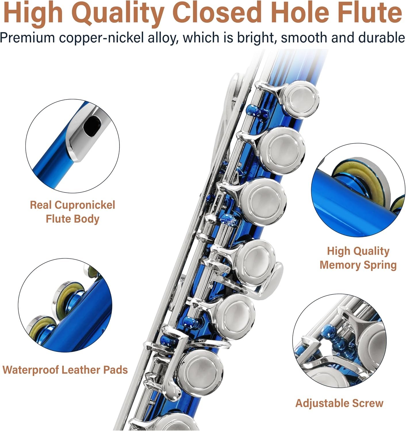 Mendini By Cecilio Flute, 16 Keys C Flute Instrument Closed Hole For Beginners with Carrying Case, Cork Grease, Stand, Lesson Book, Cleaning Kit, Gloves (Blue) - Image 2