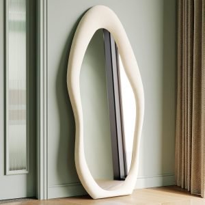 Honyee Full Length Mirror, 63″ x 24″ Wall Mirror, Flannel Wrapped Wooden Frame Full Body Mirror, Irregular Wavy Mirror Hanging or Leaning Against Wall for Cloakroom/Bedroom/Living Room, Ivory White