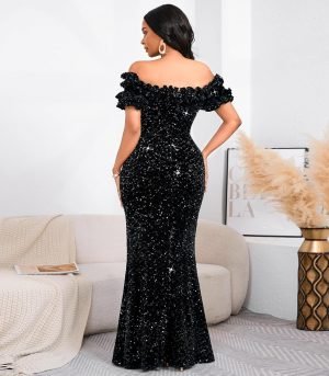 Women Sexy Sequin Off Shoulder Ruffle Short Sleeve Bodycon Mermaid Party Formal Evening Ma...