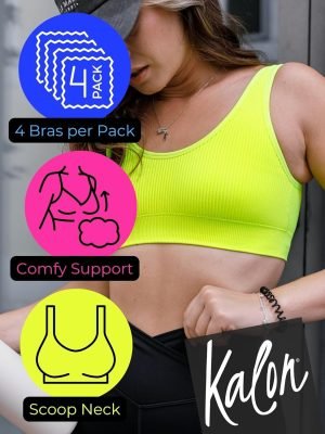 Kalon Women’s 4 Pack Ribbed Bralette Crop Top Comfort Sports Bra
