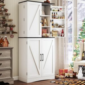 BREEZEHEAT Kitchen Pantry Cabinet, 72″ Food Pantry Cabinet with 180° Swivel Doors, Organizer, Drawer and Adjustable Shelves, Farmhouse Storage Cabinets for Kitchen, Dining Room, Bathroom, Off White