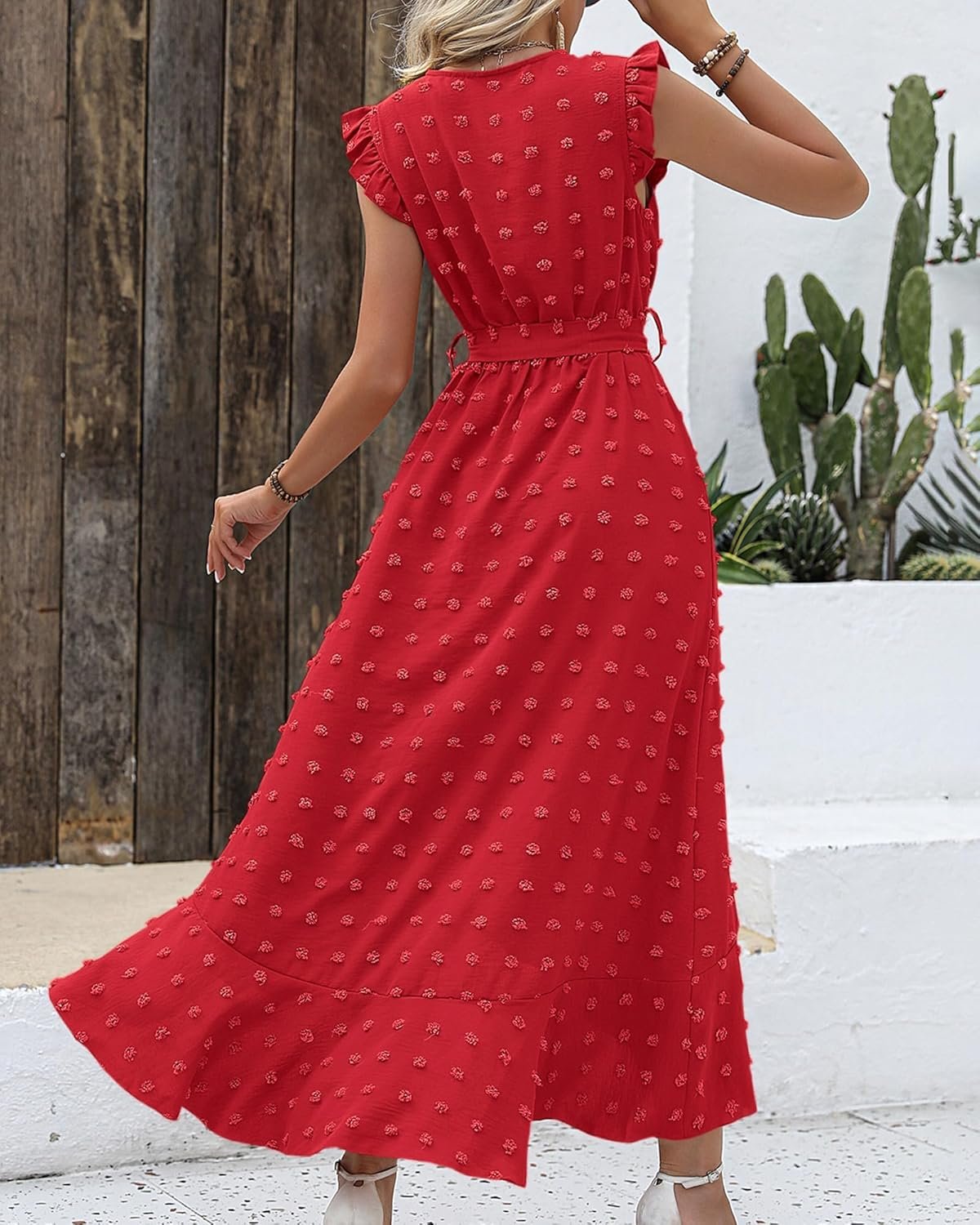 BTFBM Women V Neck Summer Dress 2025 Cap Sleeve Swiss Dot Boho Flowy Ruffle Slit Beach Party Long Maxi Cocktail Dresses - Image 4