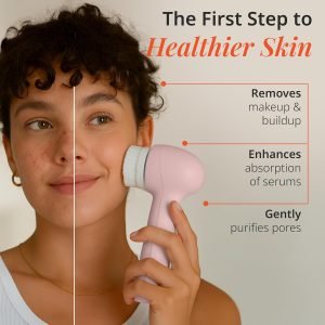 Vanity Planet Raedia 2.0 Facial Cleansing Brush, 4 Interchangeable Brush Heads, Pink – Daily Cleansing Face Exfoliator for Glowing & Acne Prone Skin – Lightweight Silicone Water-Resistant Body Brush