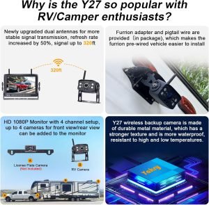 RV Backup Camera Wireless Plug and Play: Pre-Wired for Furrion System Recording Wide View Rear View Camera Clear Night Vision HD 1080P 7” Touch Key Monitor for Trailer Camper Motorhome Yakry Y27-N