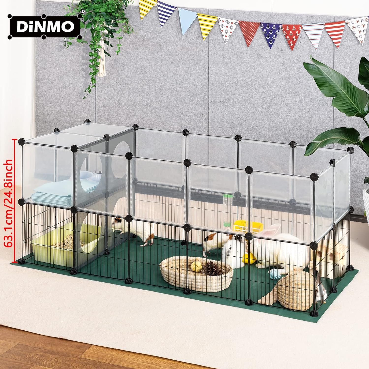 DINMO Small Animal Playpen with Oxford Mat, 24 inches Height, Pet Exercise Fence, Home Protector, Iron Mesh and Plastic Combination, Visualization, DIY, Games Hole Series, 60.2 x 24.8 x 24.8inch - Image 2
