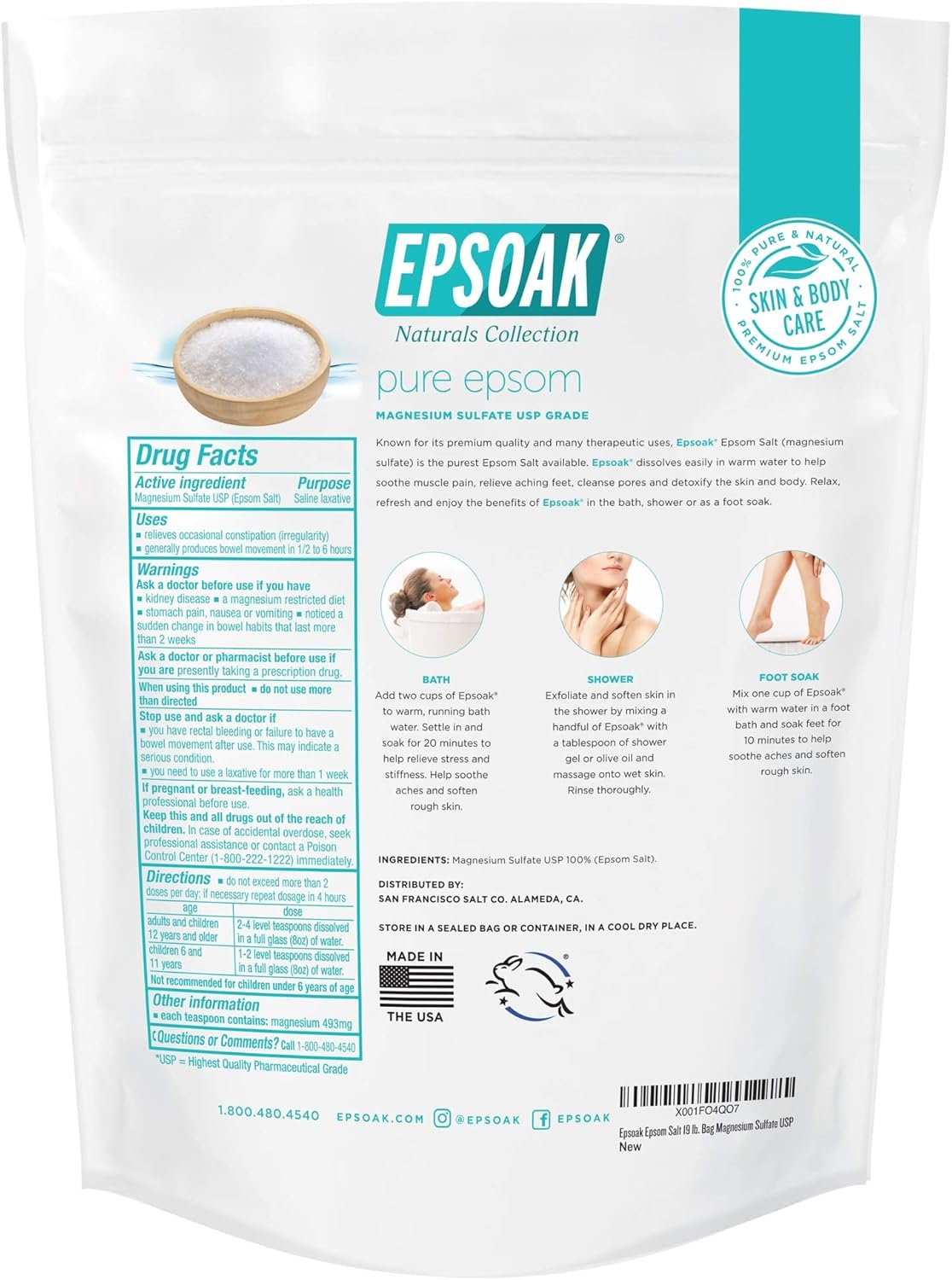 Epsoak Epsom Salt 38 lb. Magnesium Sulfate USP. (Qty. 2 x 19lb. Bags) Resealable Epsom Salt Bulk Bags Unscented, Made in The USA, Cruelty-Free Certified - Image 3