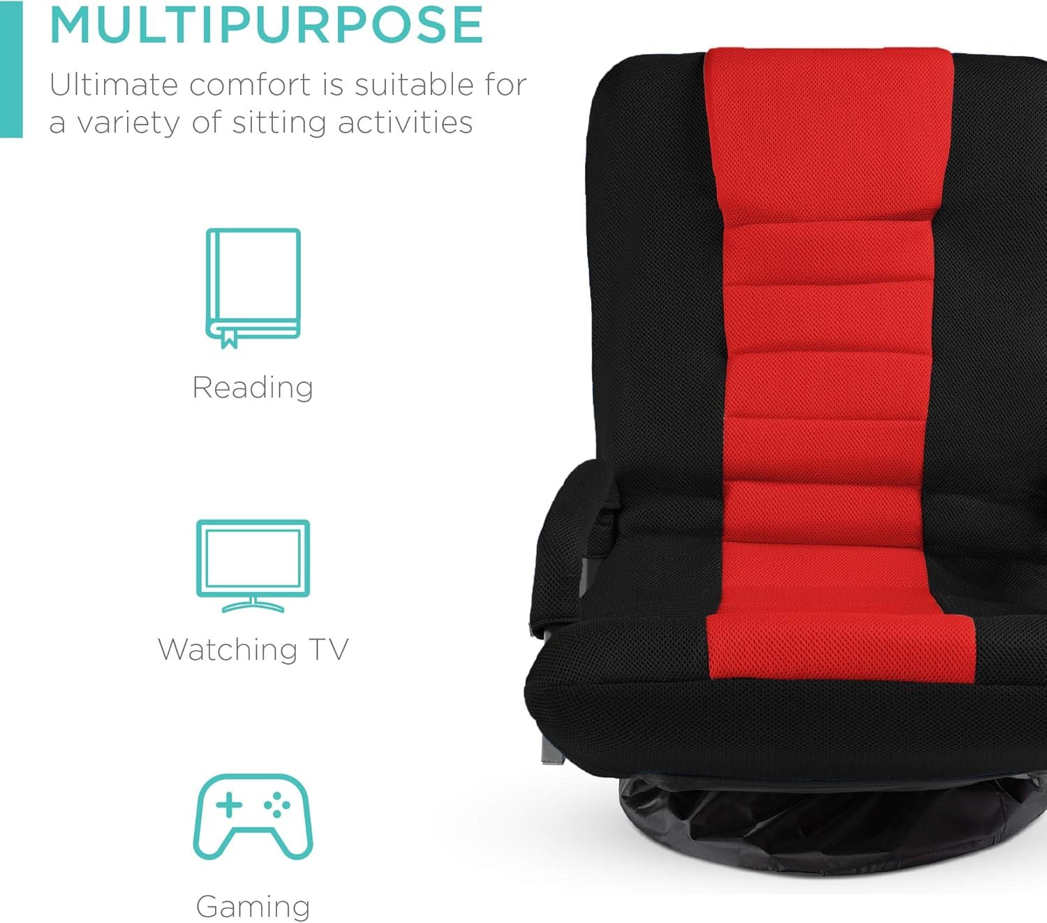 Best Choice Products Swivel Gaming Chair 360 Degree Multipurpose Floor Chair Rocker for TV, Reading, Playing Video Games w/Lumbar Support, Armrest Handles, Adjustable Foldable Backrest - Black/Red - Image 4