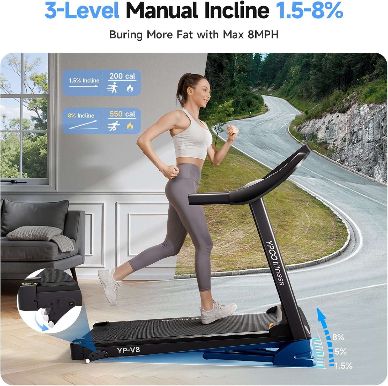 Treadmills for Home with Incline, Auto Foldable Running Treadmills, 8.0 MPH Walking Pad Treadmill with Bluetooth, 300 lbs Weight Capacity Quiet - Image 2