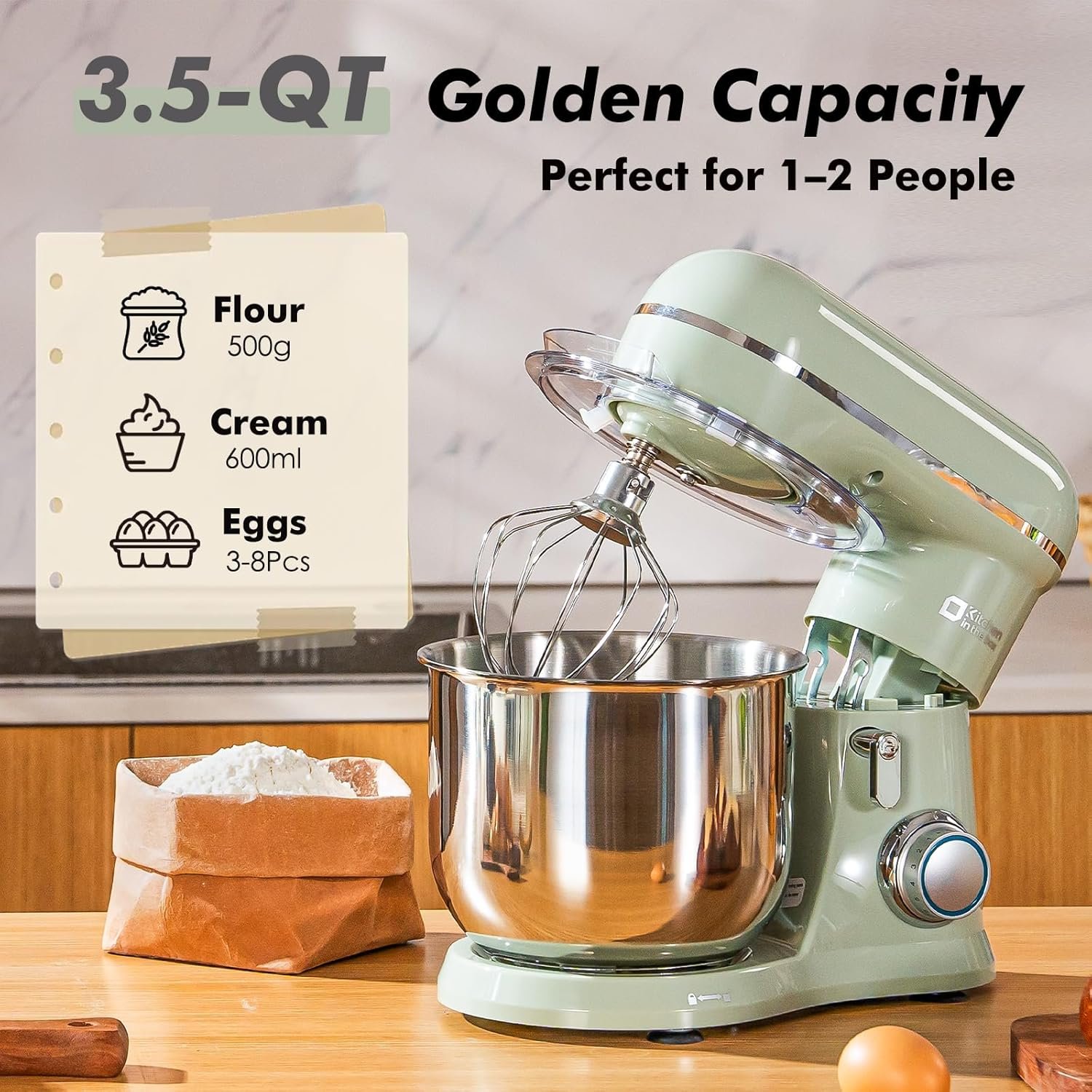 Kitchen in the Box Stand Mixer, 3.5 QT Small Kitchen Electric Stand Mixers, 10-Speed Portable Lightweight Dough Mixer for Daily Use with Egg Whisk, Dough Hook, Beater (Light Green) - Image 2