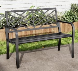MFSTUDIO 43.7 Inches Outdoor Garden Bench, Cast Iron Metal Frame Patio Park Outside Benches with Geometric Pattern Backrest for Front Porch, Black