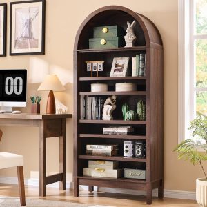 71″ Tall Arched Bookshelf, 7 Tiers Arch Bookcase with Storage, Modern Farmhouse Book Shelf with Adjustable Shelves, Wood Bookshelf w/Open Display Shelves for Living Room, Office (Brown)