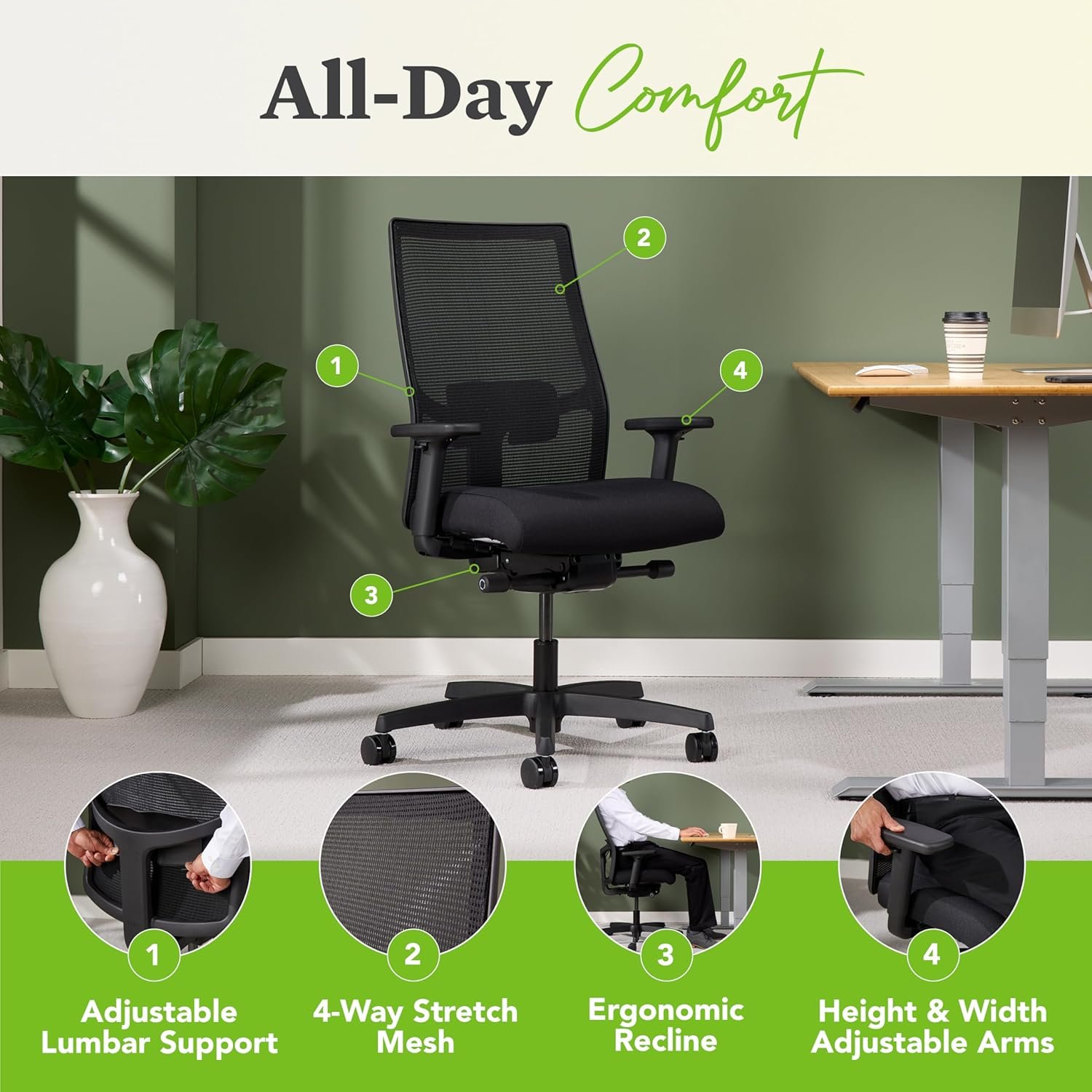 HON Ignition 2.0 Mid Back Task Chair, Advanced Synchro-Tilt Control, Office Chair with Lumbar Support, Height and Width Adjustable Arms, Black Frame, Black - Image 4