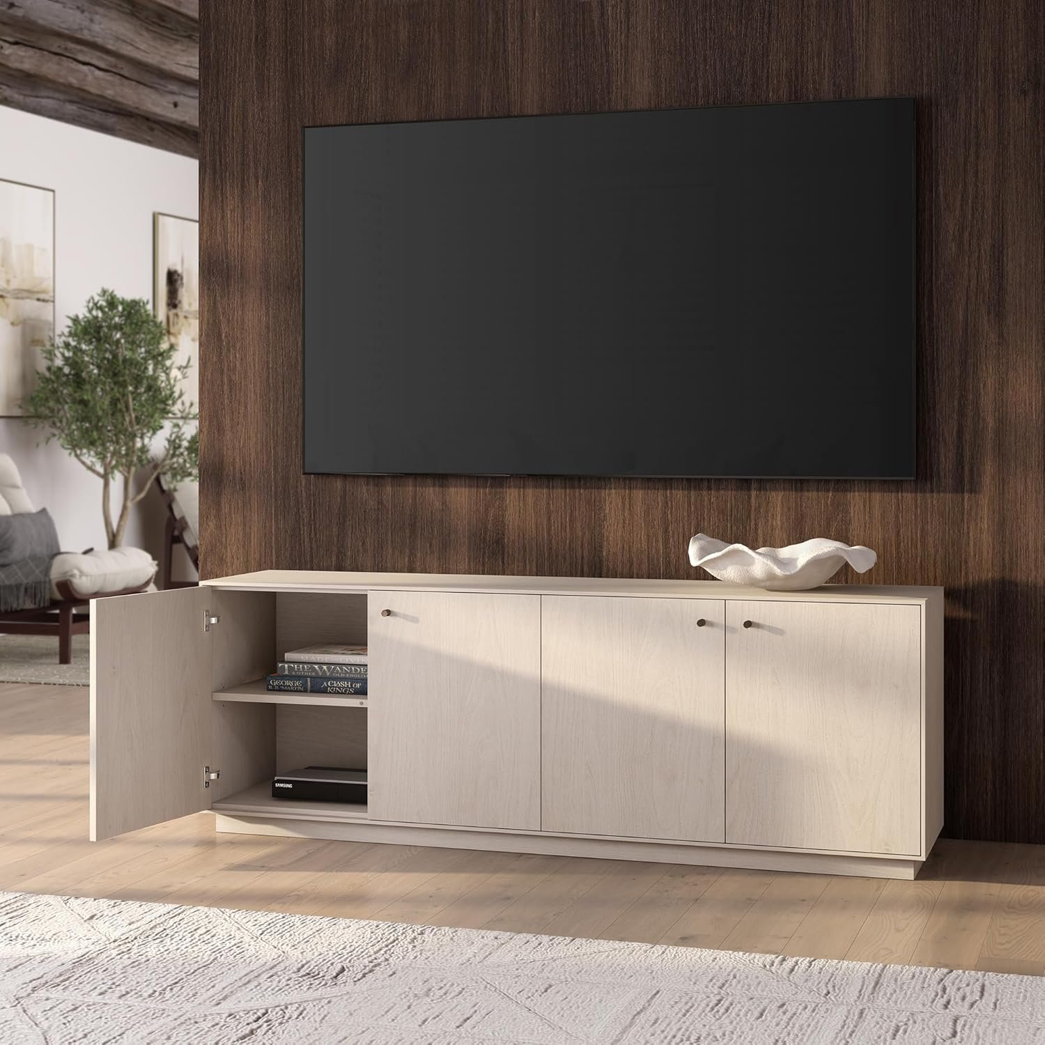 Henn&Hart TV Stand for TVs up to 75'' with 2 Concealed Storage Cabinets, Adjustable Shelves, Plinth Base and Cable Management Cut-Outs for Living Room, Family Room, or Office, Alder White - Image 4