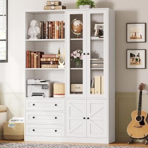 IRONCK Bookshelf with Drawers, 70.63 inch Tall Bookcase with Farmhouse Doors, 6 Tiers Book Shelf with Acrylic Doors, Bookshelves and Bookcases for Home Office, Living Room, Bedroom, White