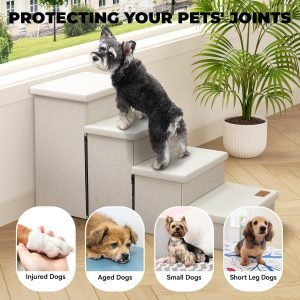 Dog Stairs with Storage 23″ H, 4-Step Wider Dog Steps for High Beds Window, Folding Sturdy Pet Stairs Gift for Small/Medium/Large Old Dogs Cat, Ramp for Climbing Car Up to 200 lbs, Beige