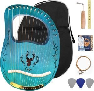 Lyre Harp 16 Strings: Solid Mahogany Wooden Body Metal Strings Musical Instrument – Accessory with Tuning Wrench and Durable Gig Bag