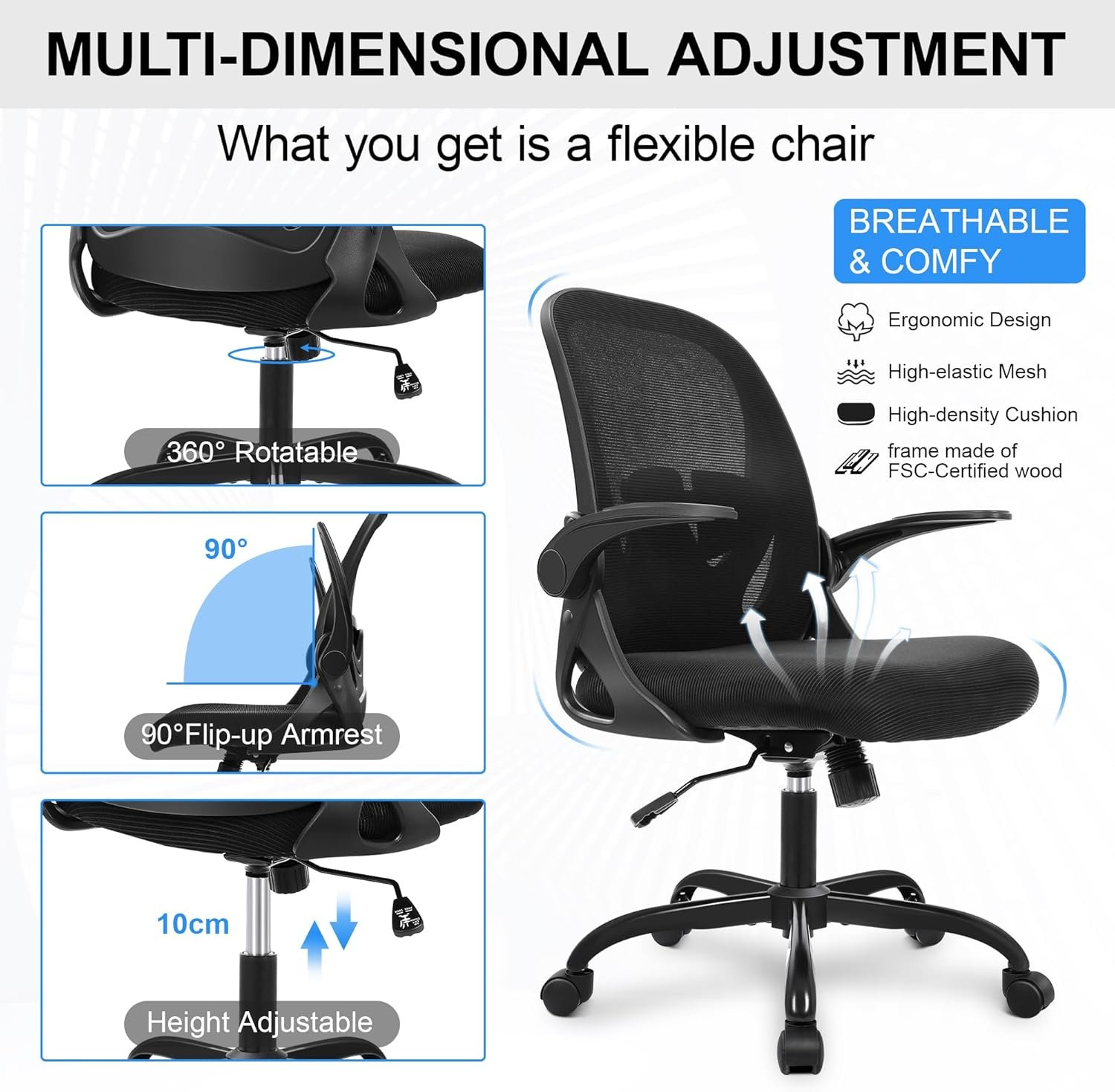 Primy Office Chair Ergonomic Desk Chair with Flip up Armrests Swivel Breathable Desk Mesh Computer Chair with Adjustable Lumbar Support and Height for Conference Room (Black) - Image 7