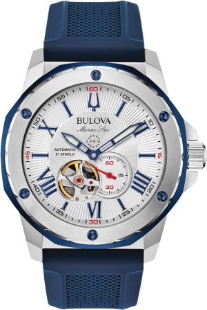 Bulova Men’s Marine Star ‘Series A’ Automatic Stainless Steel Case with Blue Textured Silicone Strap, Open Aperture, Silver White Dial Model: 98A225