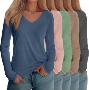 Neer 5 Pack Women’s Long Sleeve Shirts, V Neck Tops Loose Fit Basic Tees Solid Trend...