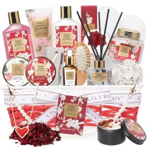 Christmas Gifts for Women – 19-Piece Luxury Rose & Cherry Blossom Spa Gift Basket Set Bath and Body Gift Sets Care Kit with Necklace | Valentine’s Day, Mothers Day Gifts Baskets for Mom, Wife